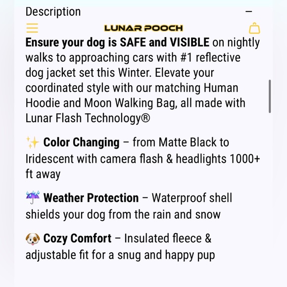 Lunar Pooch reflective dog hoodie - size 6 - iridescent reflective dog coat - Picture 6 of 14